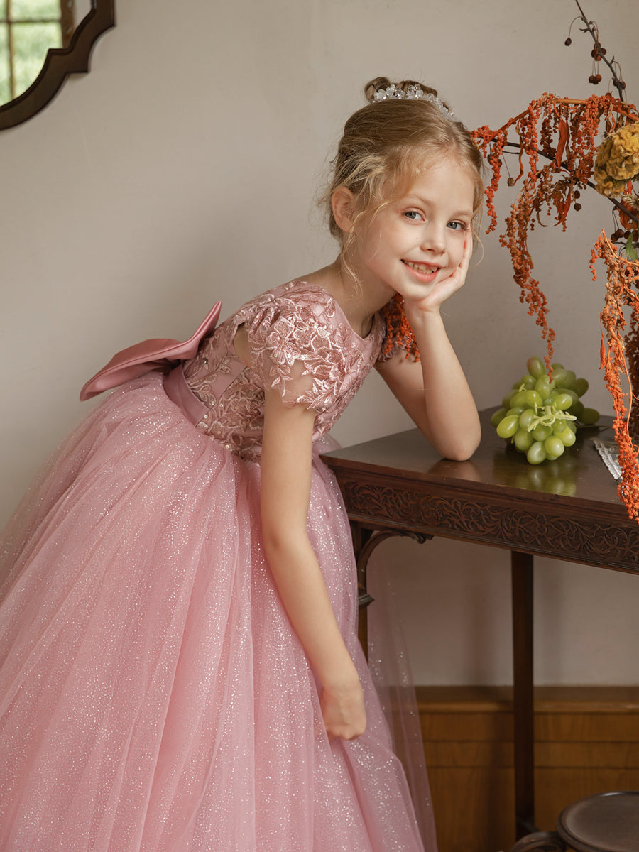 Crew Neck Tulle Flower Girl Dresses with Applique &amp; Satin Bowknot