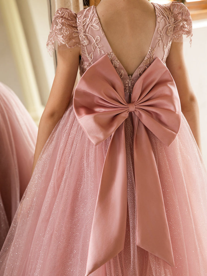 Crew Neck Tulle Flower Girl Dresses with Applique &amp; Satin Bowknot