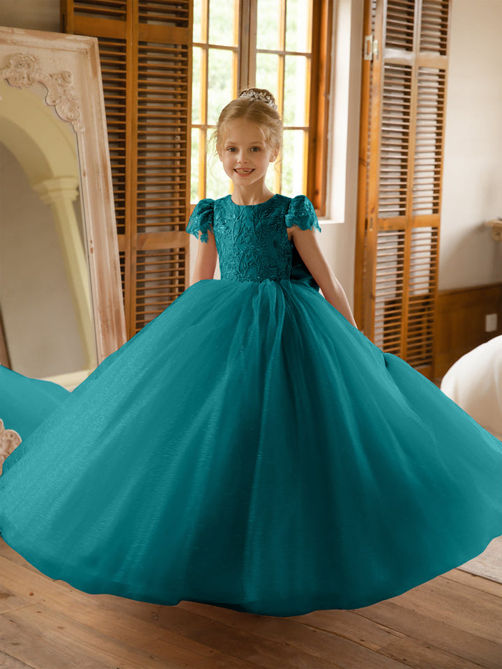 Crew Neck Tulle Flower Girl Dresses with Applique &amp; Satin Bowknot