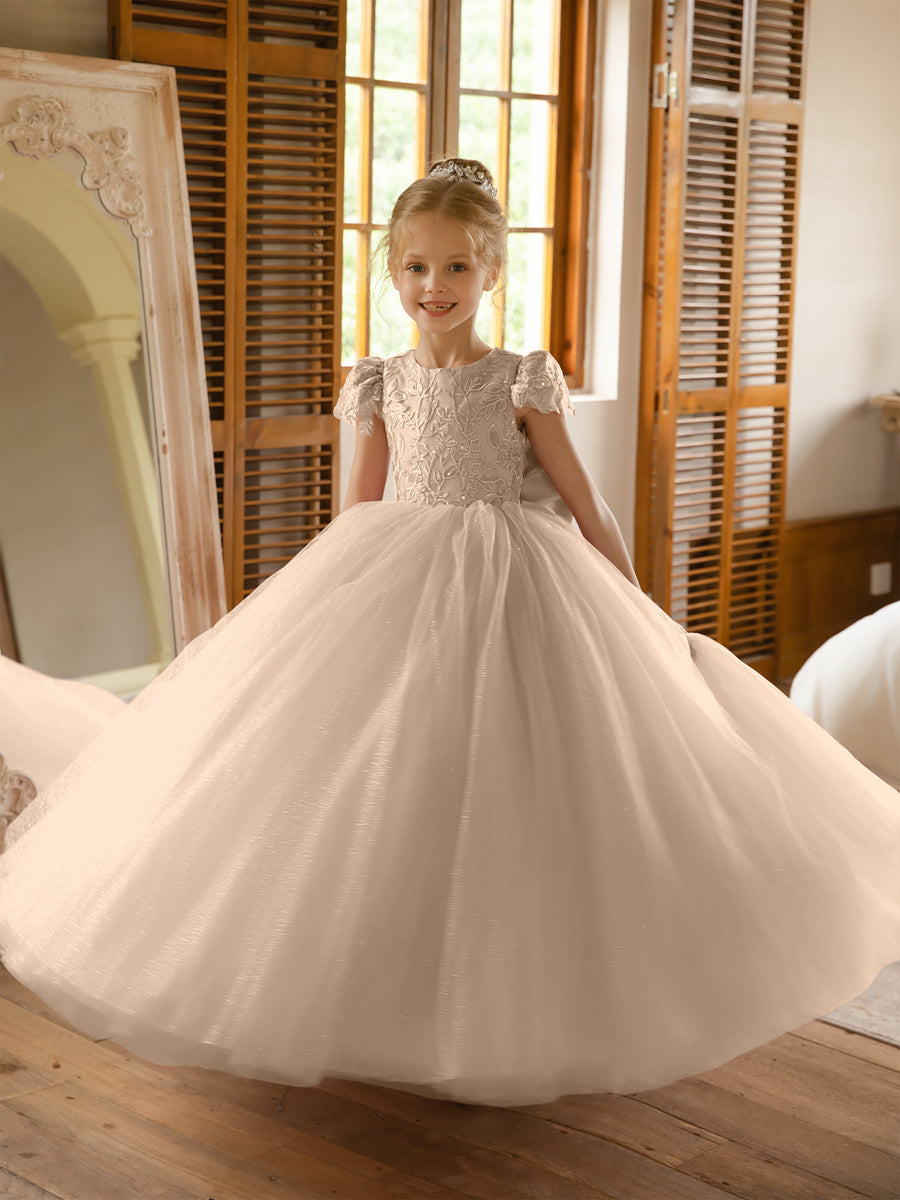 Crew Neck Tulle Flower Girl Dresses with Applique &amp; Satin Bowknot