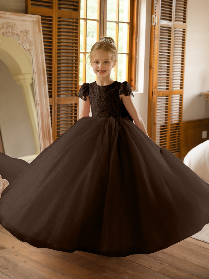Crew Neck Tulle Flower Girl Dresses with Applique &amp; Satin Bowknot