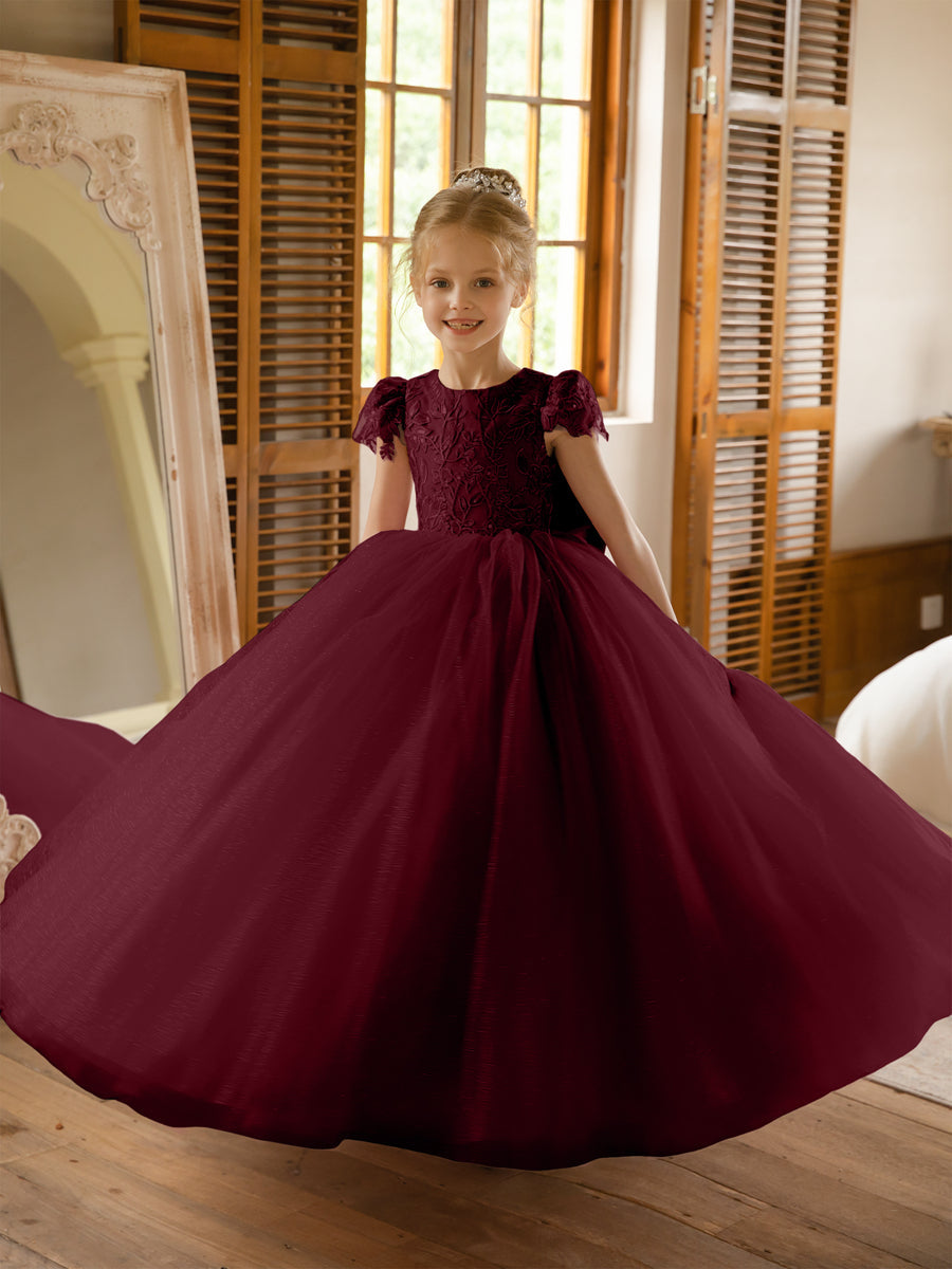 Crew Neck Tulle Flower Girl Dresses with Applique &amp; Satin Bowknot