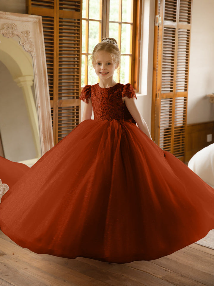 Crew Neck Tulle Flower Girl Dresses with Applique &amp; Satin Bowknot