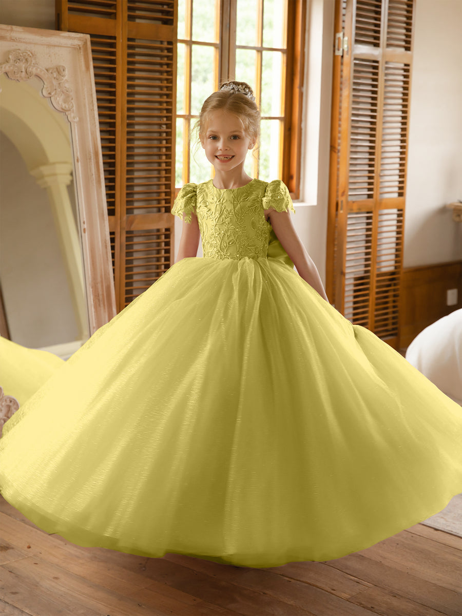 Crew Neck Tulle Flower Girl Dresses with Applique &amp; Satin Bowknot