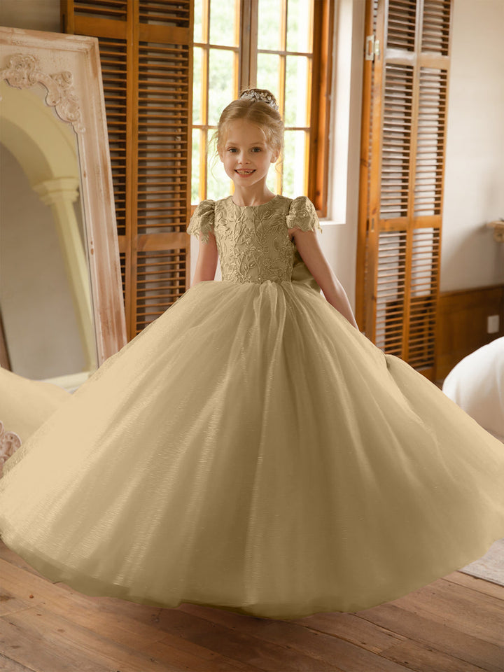 Crew Neck Tulle Flower Girl Dresses with Applique &amp; Satin Bowknot