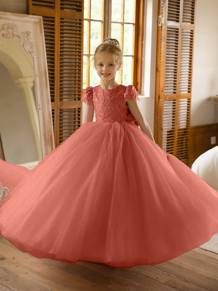 Crew Neck Tulle Flower Girl Dresses with Applique &amp; Satin Bowknot