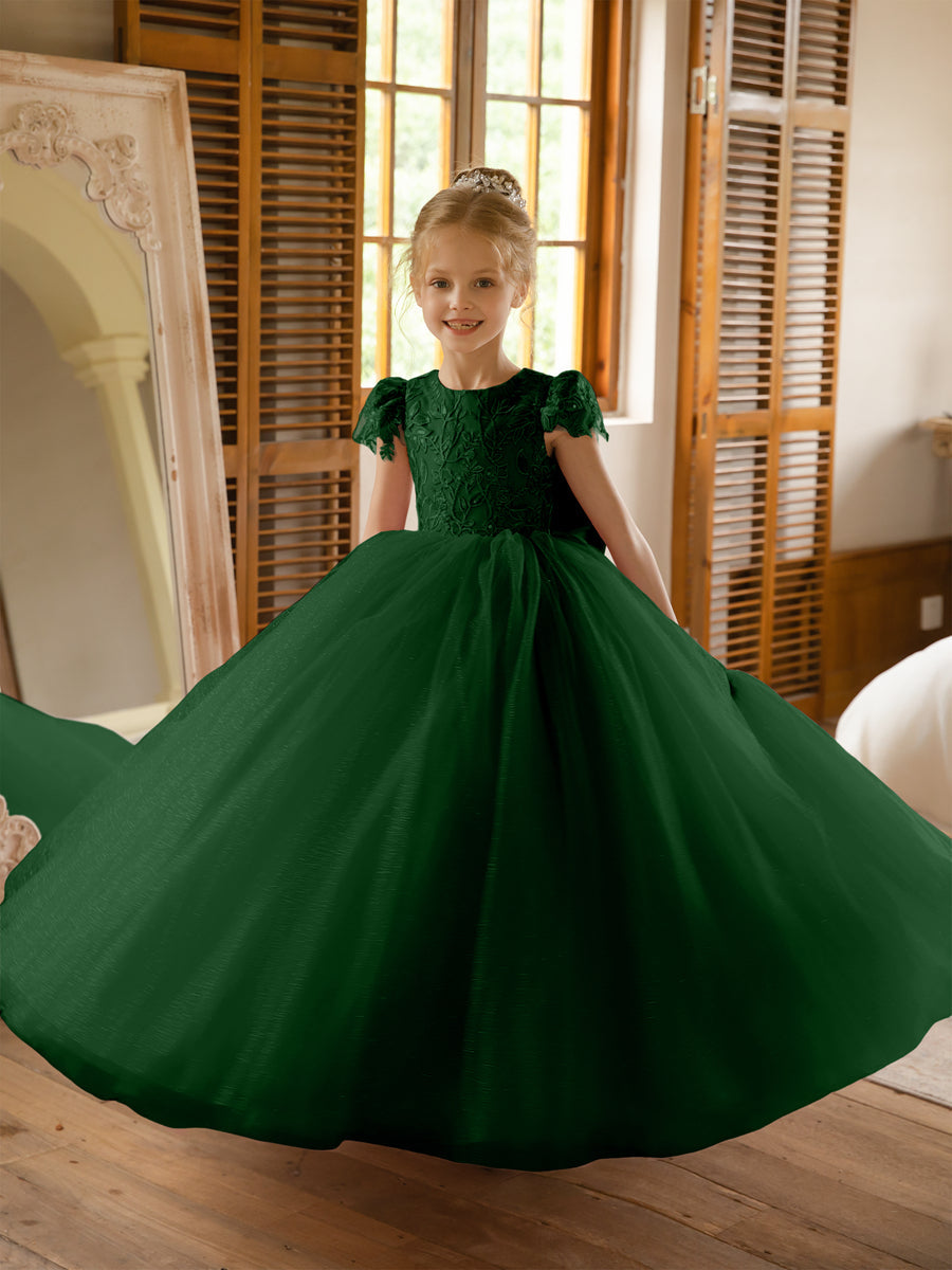 Crew Neck Tulle Flower Girl Dresses with Applique &amp; Satin Bowknot