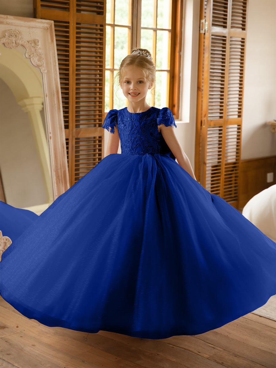 Crew Neck Tulle Flower Girl Dresses with Applique &amp; Satin Bowknot