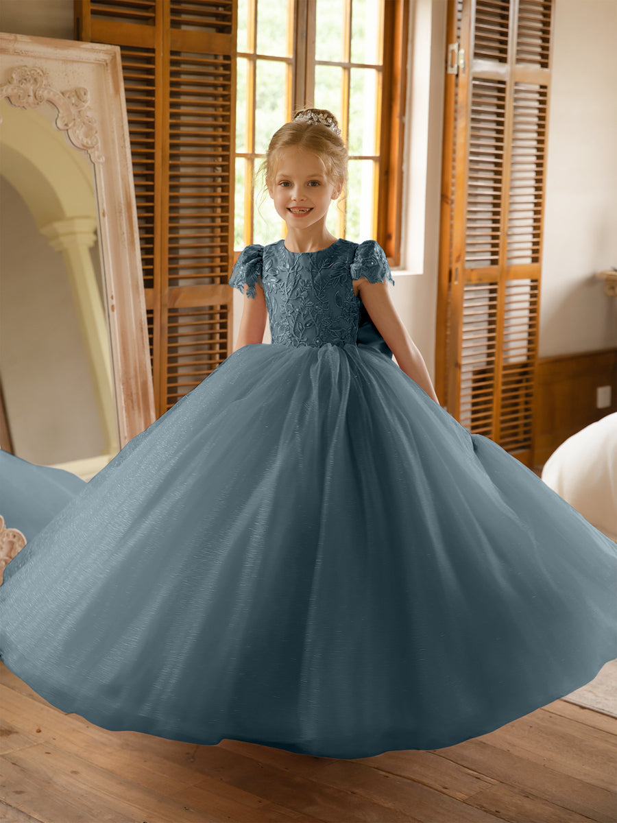 Crew Neck Tulle Flower Girl Dresses with Applique &amp; Satin Bowknot