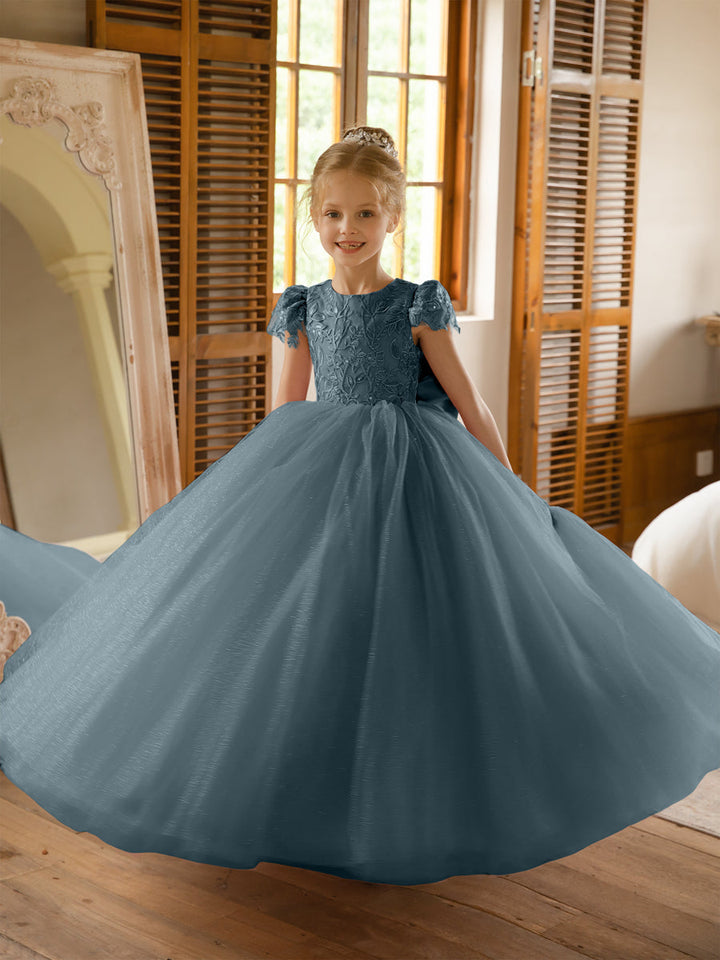 Crew Neck Tulle Flower Girl Dresses with Applique &amp; Satin Bowknot