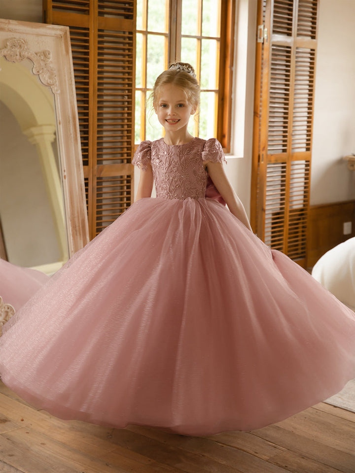 Crew Neck Tulle Flower Girl Dresses with Applique &amp; Satin Bowknot