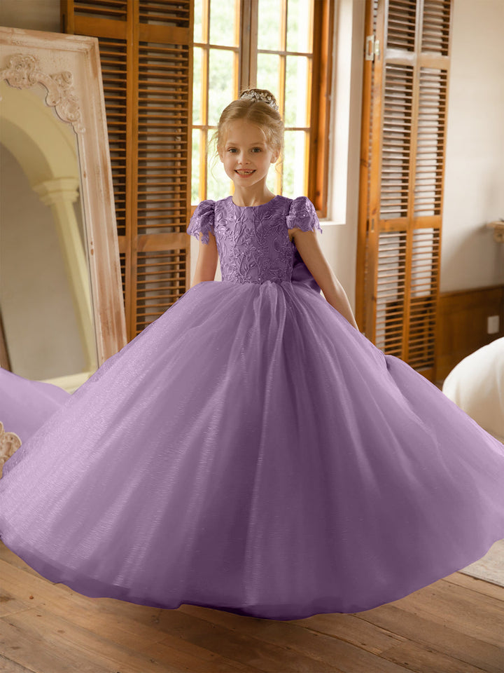 Crew Neck Tulle Flower Girl Dresses with Applique &amp; Satin Bowknot
