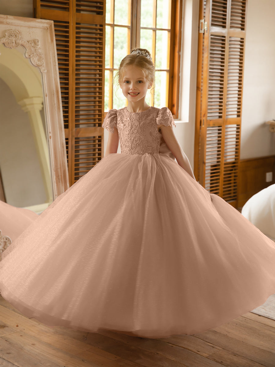 Crew Neck Tulle Flower Girl Dresses with Applique &amp; Satin Bowknot