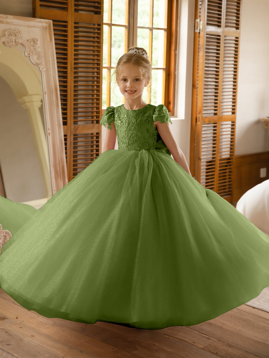 Crew Neck Tulle Flower Girl Dresses with Applique &amp; Satin Bowknot