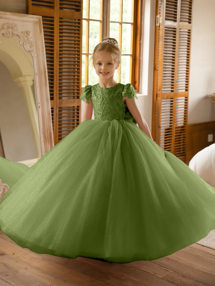 Crew Neck Tulle Flower Girl Dresses with Applique &amp; Satin Bowknot