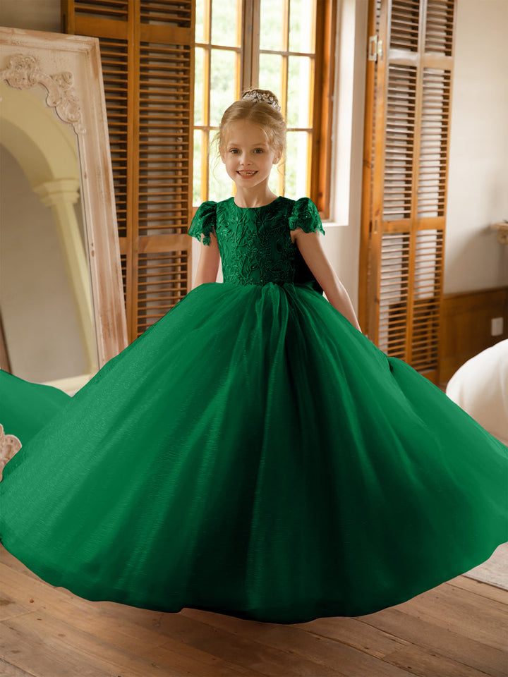 Crew Neck Tulle Flower Girl Dresses with Applique &amp; Satin Bowknot