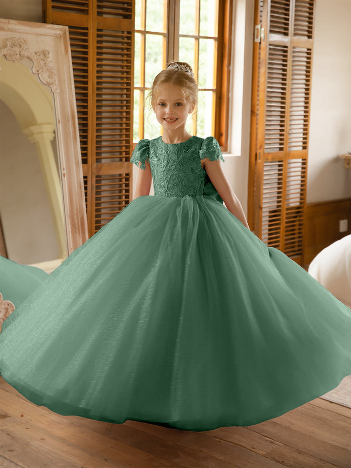 Crew Neck Tulle Flower Girl Dresses with Applique &amp; Satin Bowknot