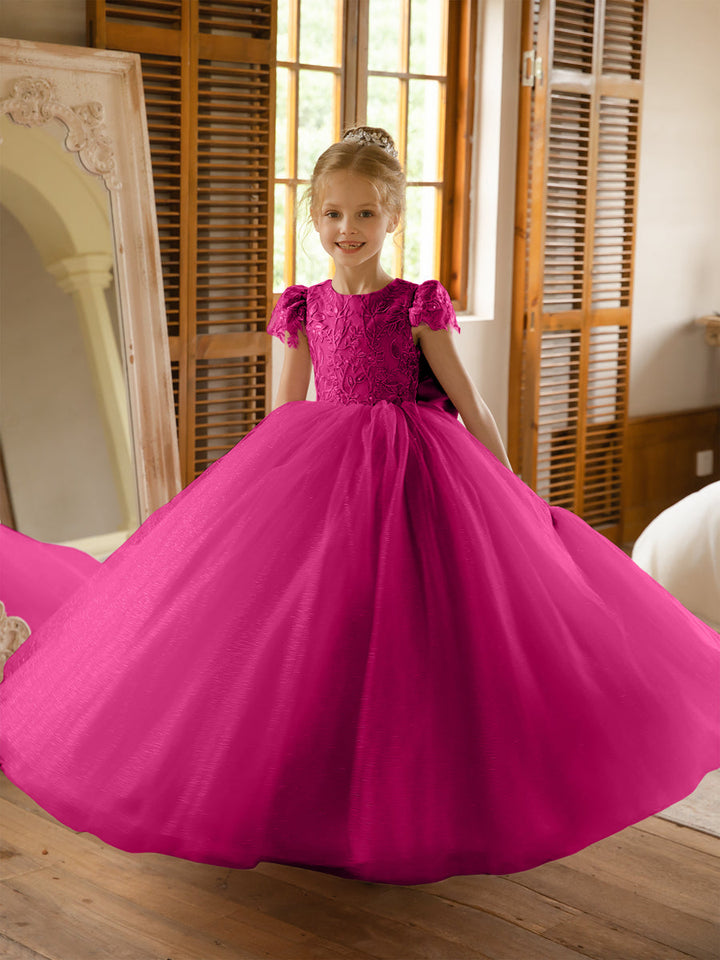 Crew Neck Tulle Flower Girl Dresses with Applique &amp; Satin Bowknot