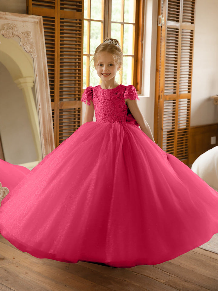 Crew Neck Tulle Flower Girl Dresses with Applique &amp; Satin Bowknot