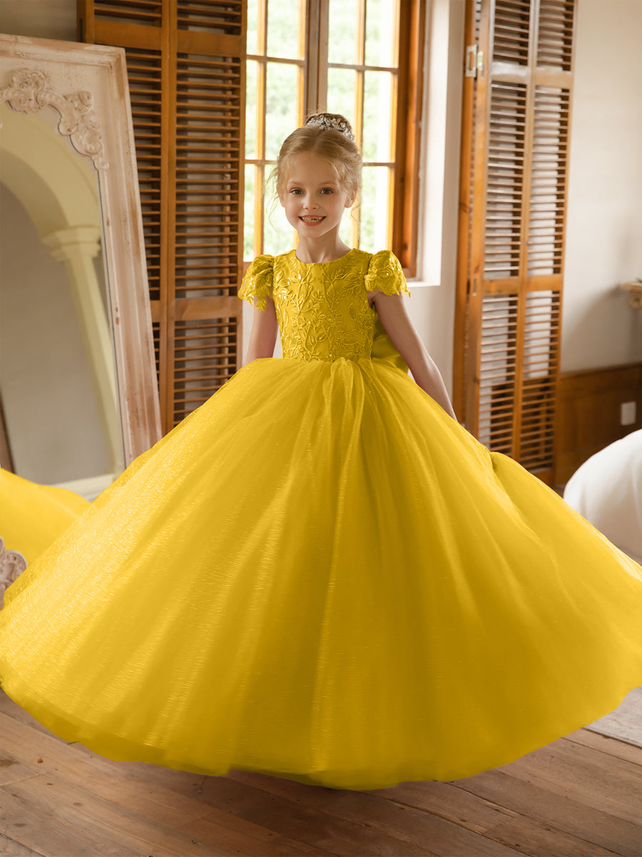 Crew Neck Tulle Flower Girl Dresses with Applique &amp; Satin Bowknot