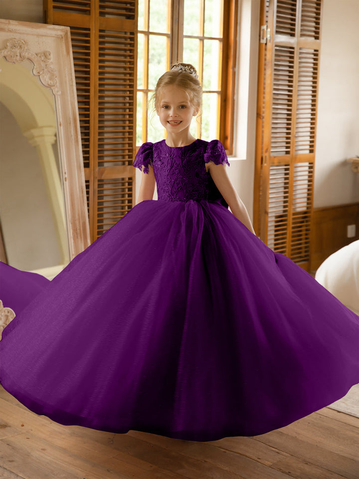 Crew Neck Tulle Flower Girl Dresses with Applique &amp; Satin Bowknot