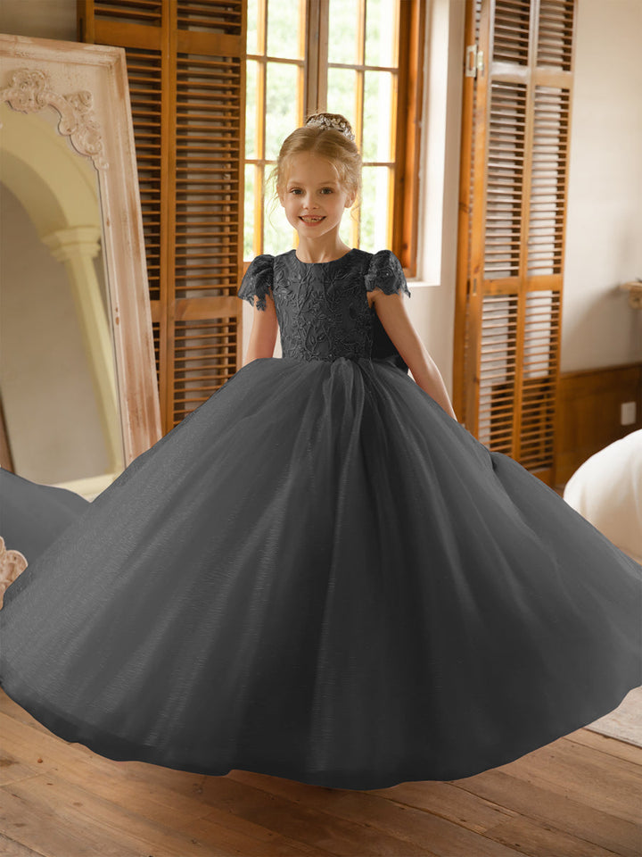 Crew Neck Tulle Flower Girl Dresses with Applique &amp; Satin Bowknot