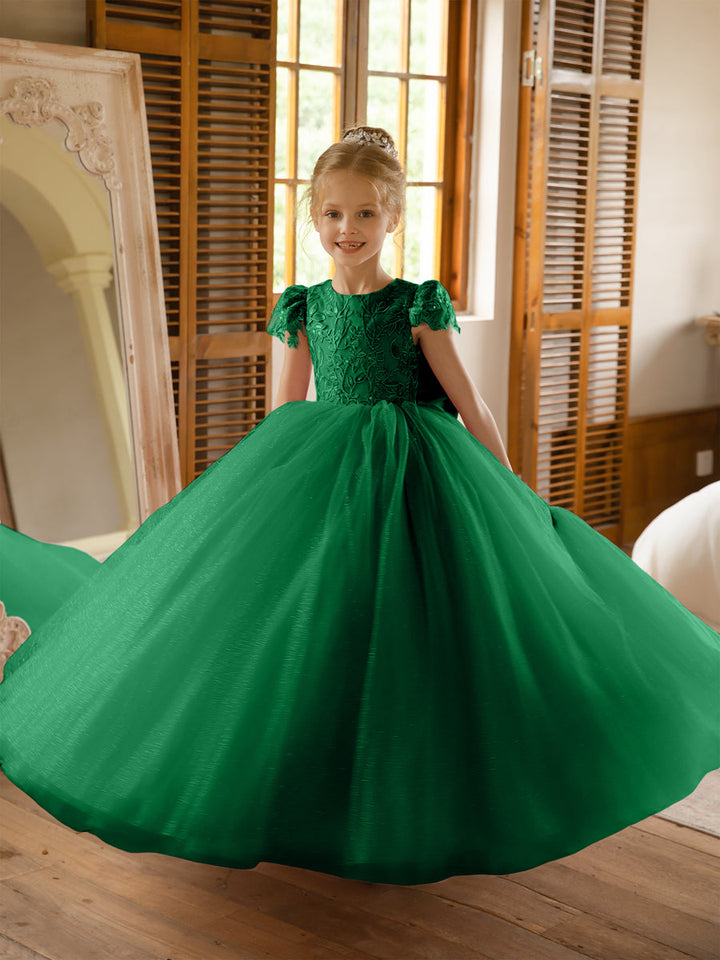 Crew Neck Tulle Flower Girl Dresses with Applique &amp; Satin Bowknot