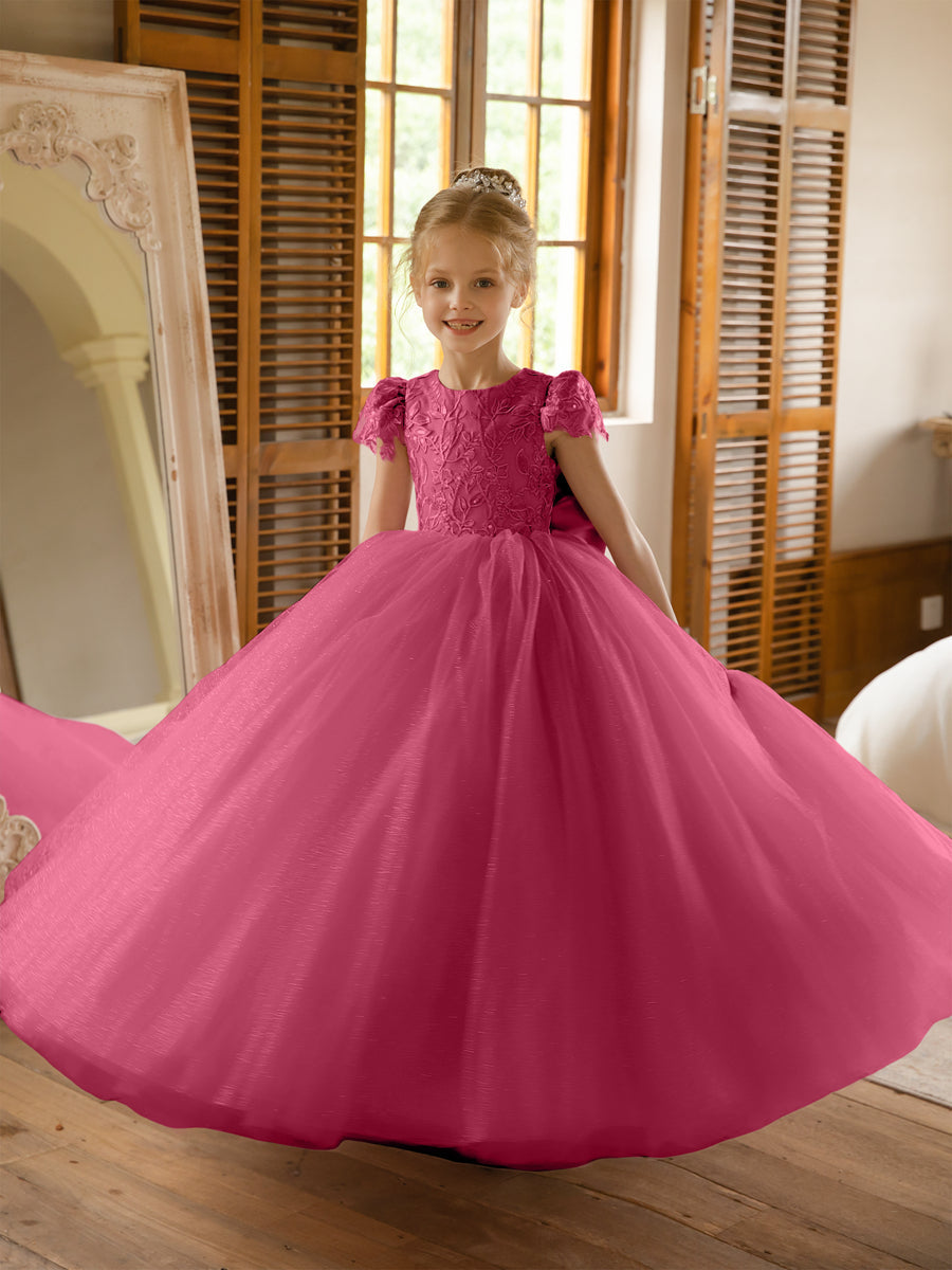 Crew Neck Tulle Flower Girl Dresses with Applique &amp; Satin Bowknot