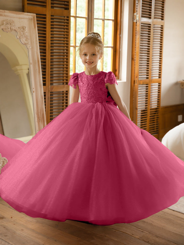 Crew Neck Tulle Flower Girl Dresses with Applique &amp; Satin Bowknot