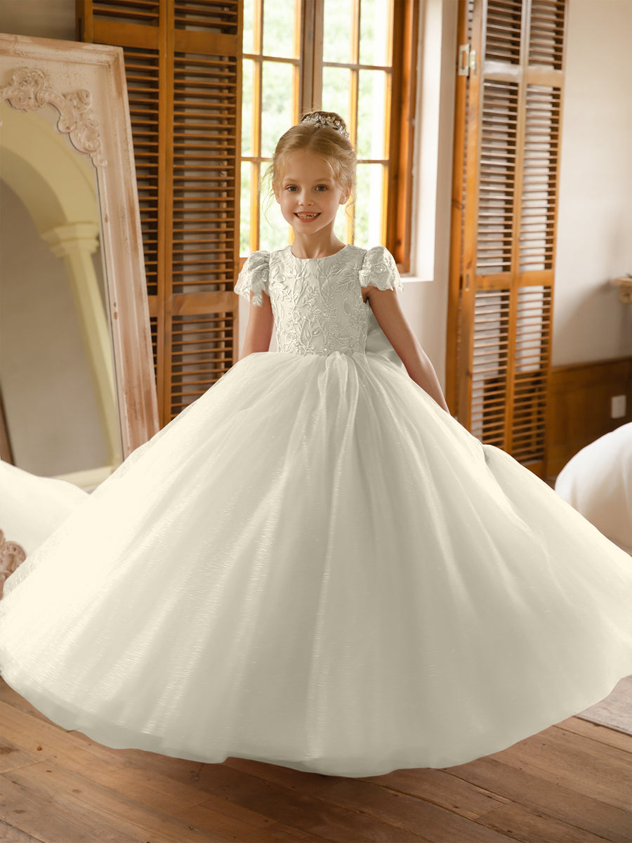 Crew Neck Tulle Flower Girl Dresses with Applique &amp; Satin Bowknot