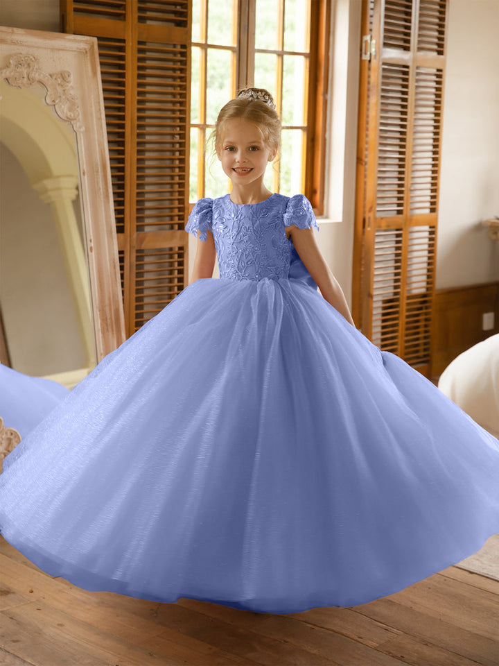 Crew Neck Tulle Flower Girl Dresses with Applique &amp; Satin Bowknot