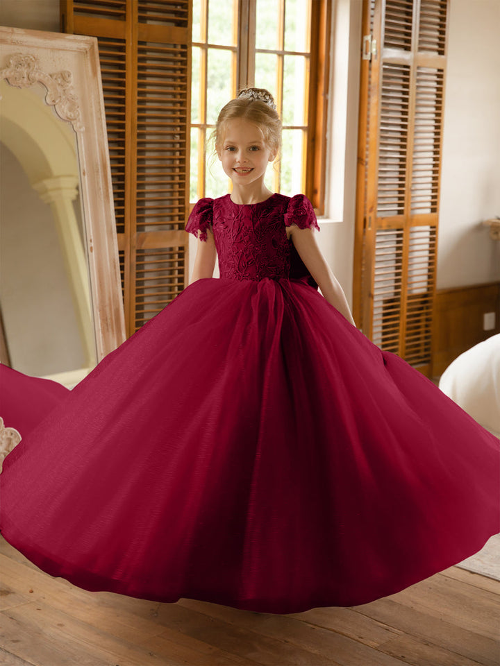 Crew Neck Tulle Flower Girl Dresses with Applique &amp; Satin Bowknot