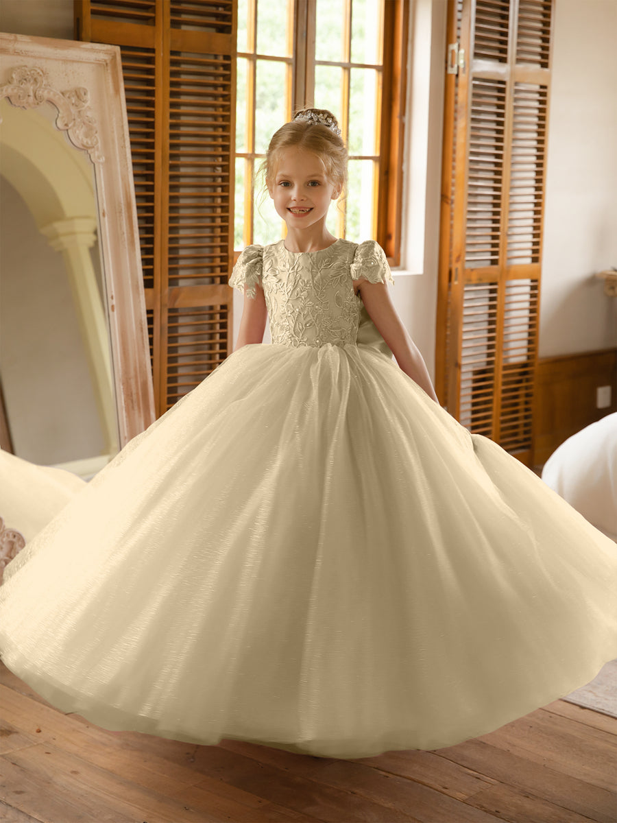 Crew Neck Tulle Flower Girl Dresses with Applique &amp; Satin Bowknot