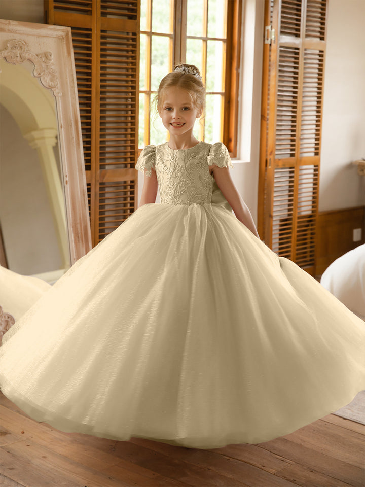 Crew Neck Tulle Flower Girl Dresses with Applique &amp; Satin Bowknot