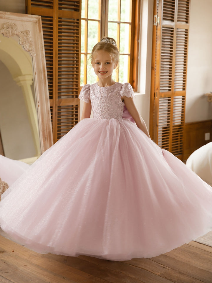 Crew Neck Tulle Flower Girl Dresses with Applique &amp; Satin Bowknot