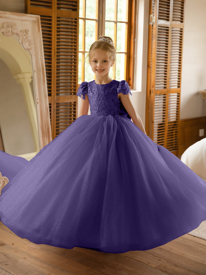 Crew Neck Tulle Flower Girl Dresses with Applique &amp; Satin Bowknot
