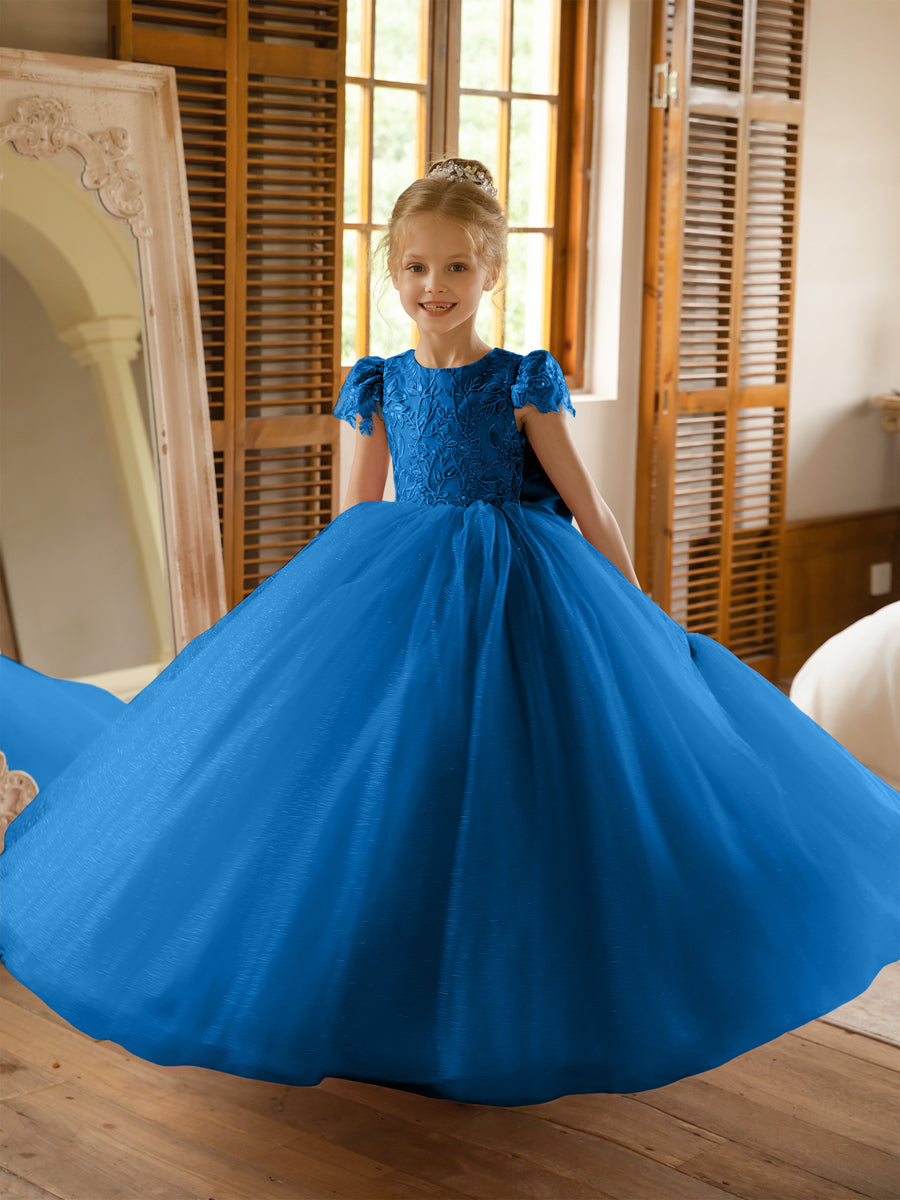 Crew Neck Tulle Flower Girl Dresses with Applique &amp; Satin Bowknot
