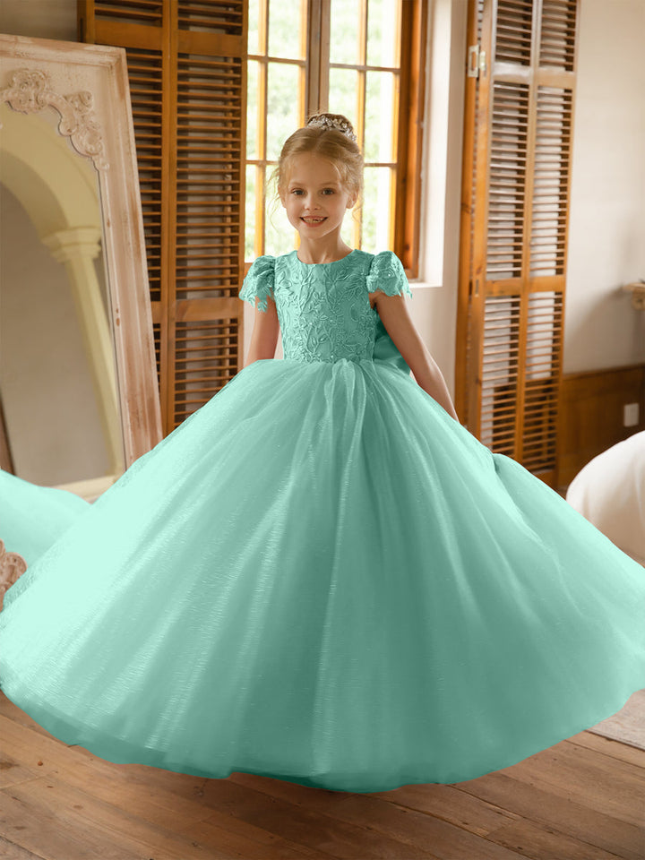 Crew Neck Tulle Flower Girl Dresses with Applique &amp; Satin Bowknot