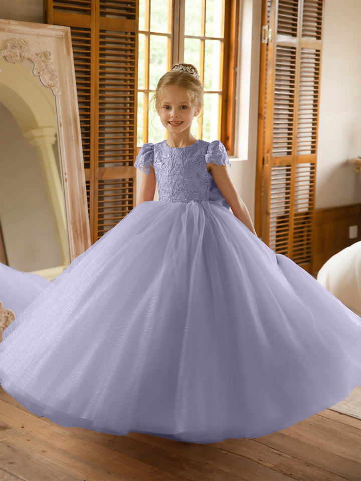 Crew Neck Tulle Flower Girl Dresses with Applique &amp; Satin Bowknot
