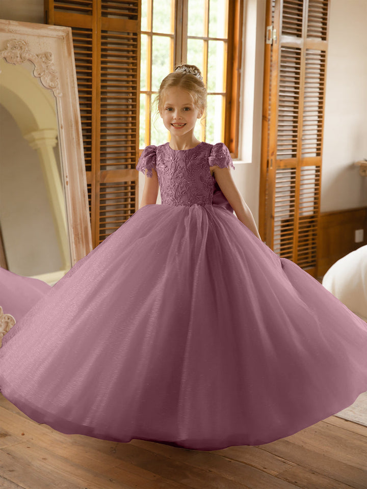 Crew Neck Tulle Flower Girl Dresses with Applique &amp; Satin Bowknot