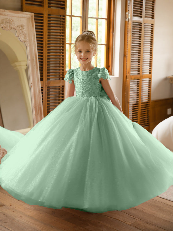 Crew Neck Tulle Flower Girl Dresses with Applique &amp; Satin Bowknot