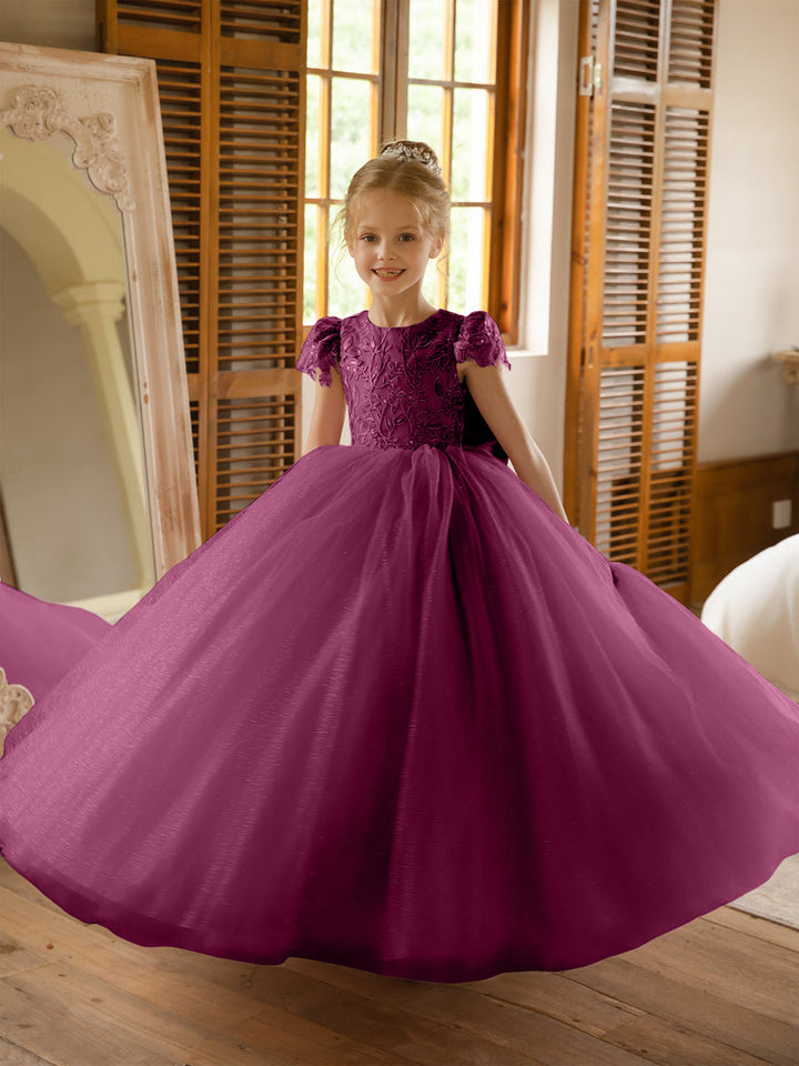 Crew Neck Tulle Flower Girl Dresses with Applique &amp; Satin Bowknot