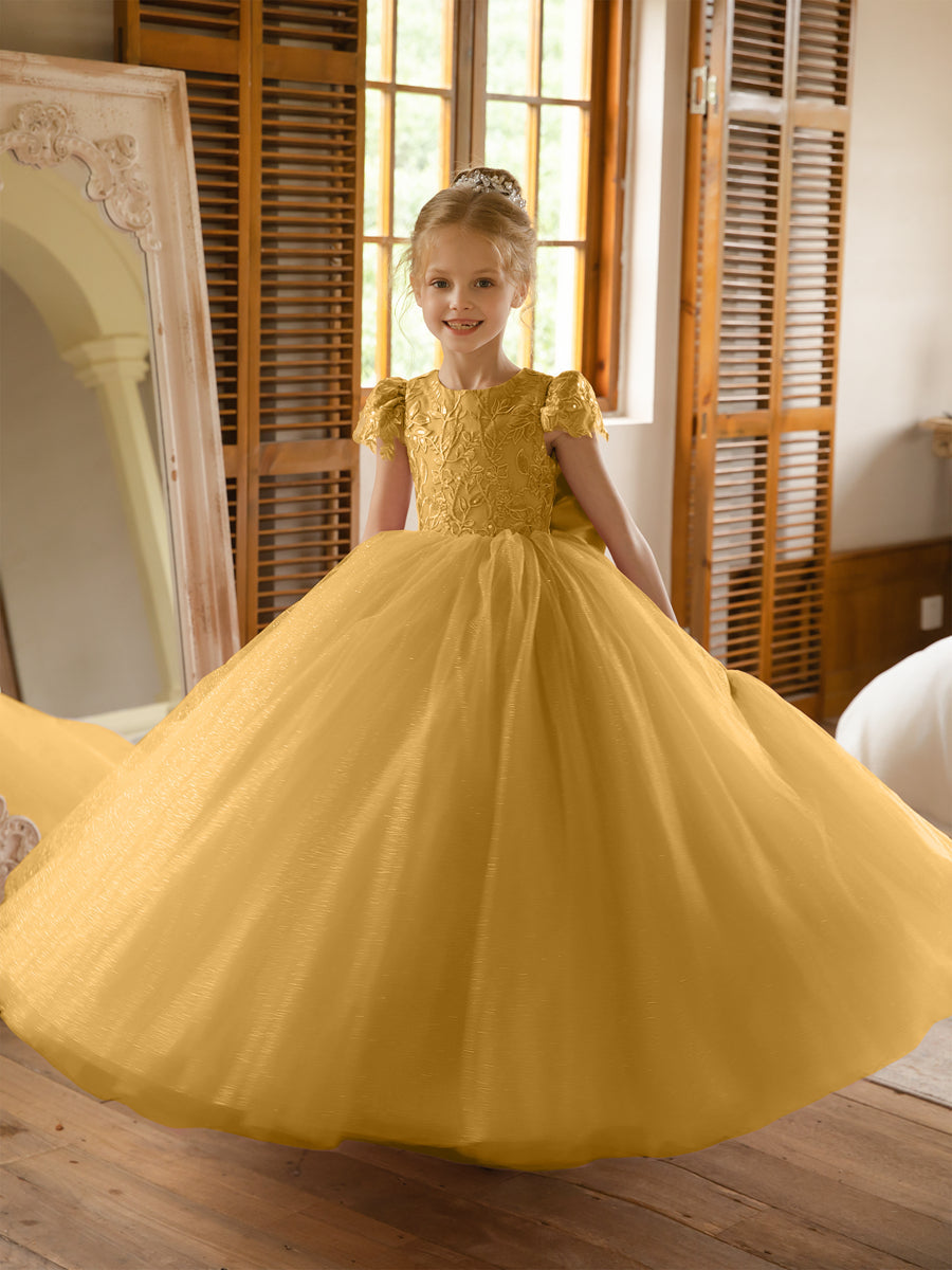 Crew Neck Tulle Flower Girl Dresses with Applique &amp; Satin Bowknot