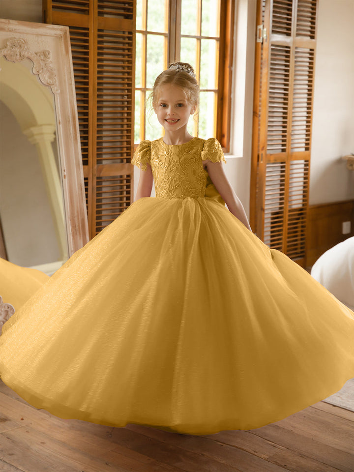 Crew Neck Tulle Flower Girl Dresses with Applique &amp; Satin Bowknot