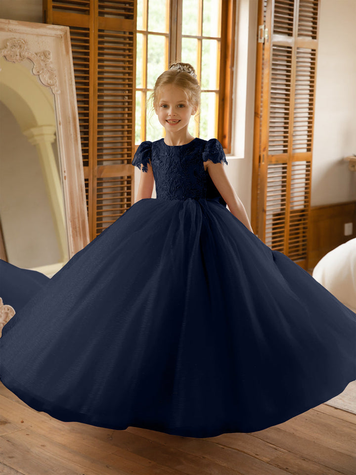 Crew Neck Tulle Flower Girl Dresses with Applique &amp; Satin Bowknot