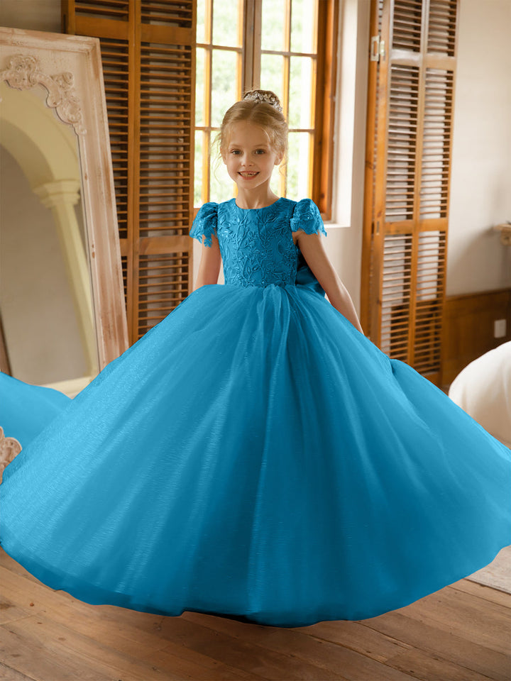 Crew Neck Tulle Flower Girl Dresses with Applique &amp; Satin Bowknot
