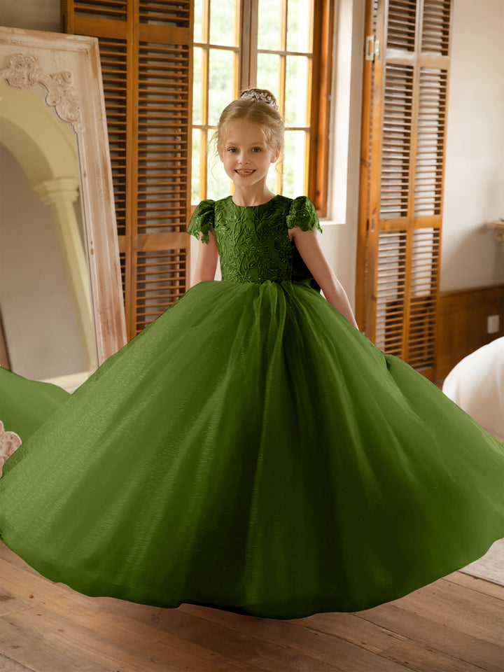 Crew Neck Tulle Flower Girl Dresses with Applique &amp; Satin Bowknot