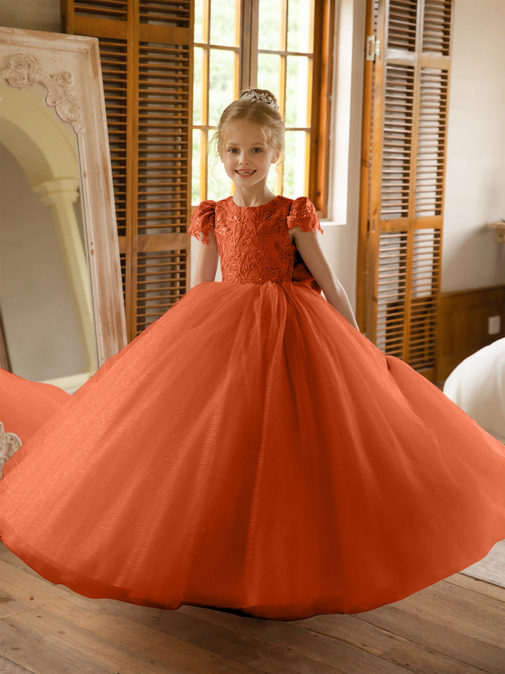 Crew Neck Tulle Flower Girl Dresses with Applique &amp; Satin Bowknot