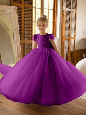 Crew Neck Tulle Flower Girl Dresses with Applique & Satin Bowknot