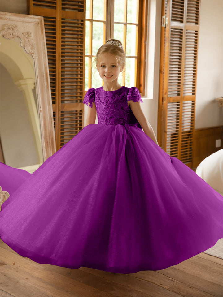 Crew Neck Tulle Flower Girl Dresses with Applique &amp; Satin Bowknot